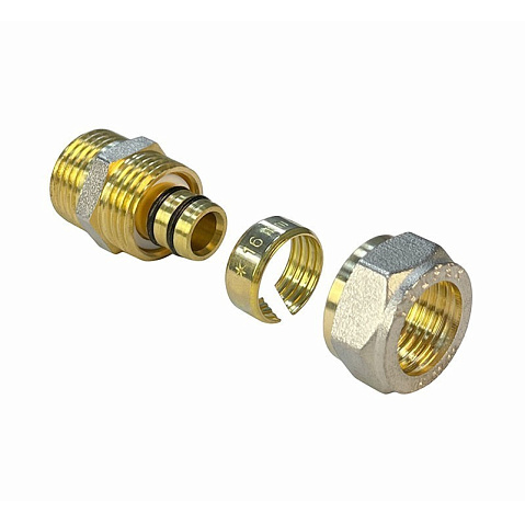 Муфты латунные для PEX труб DN 16-32 PN 10 обжимные никелированные с наружной резьбой Valfex VF.301.N купить в Москве | "Проконсим"