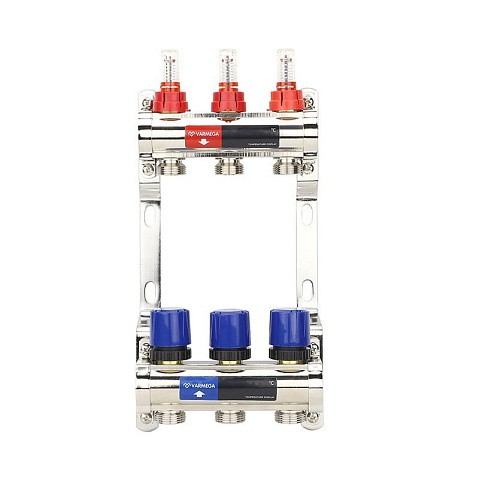 Коллекторная группа из латуни DN 25-3 вых. G-3/4'' евроконус, с расходомерами, без дренажного крана и воздухоотводчика VARMEGA VM15403 купить в Москве | "Проконсим"