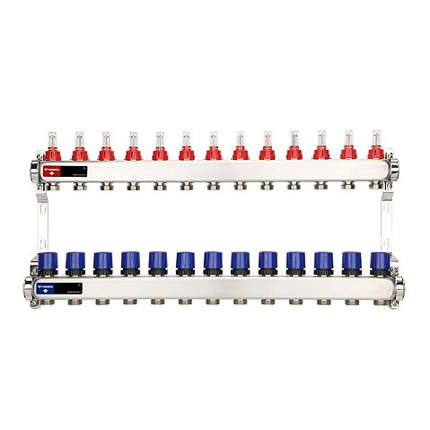 Коллекторная группа из нержавеющей стали DN 25-13 вых. G-3/4'' евроконус, с расходомерами, без дренажного крана и воздухоотводчика VARMEGA VM15113 купить в Москве | "Проконсим"